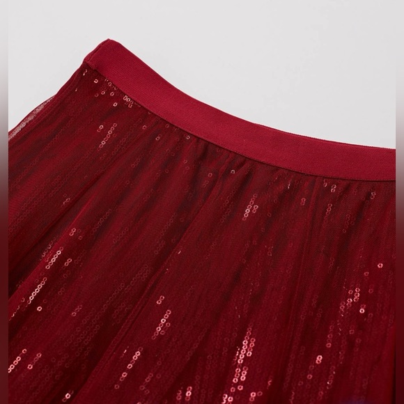 Ravishing Sequins Mesh Tulle Midi Skirt in Red - Picture 2 of 6